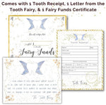 Tooth fairy receipt and certificate cards included in set