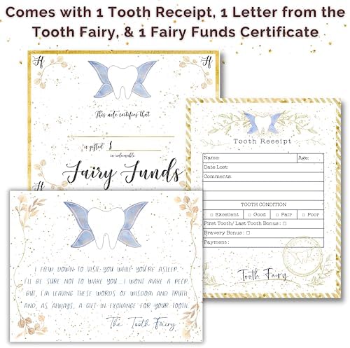 Tooth fairy receipt and certificate cards included in set