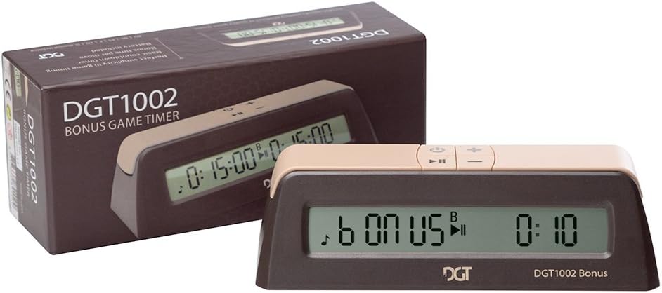 DGT 1002 digital chess clock showing top buttons and display screen
