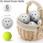 Set of six extra large premium chemical free wool dryer balls for gentle fabric care.
