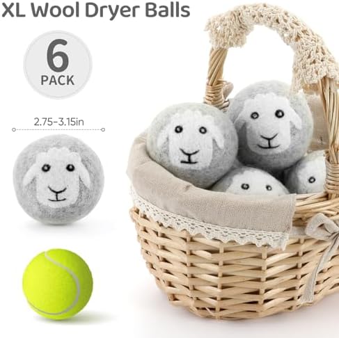 Set of six extra large premium chemical free wool dryer balls for gentle fabric care.