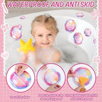 Child friendly bathroom layout featuring thirty pieces of iridescent colorful bubble appliques on tiles