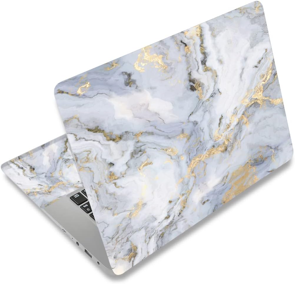 YITANHY Universal Marble Laptop Vinyl Skin Sticker front view showing white grey and gold veining pattern on a notebook cover