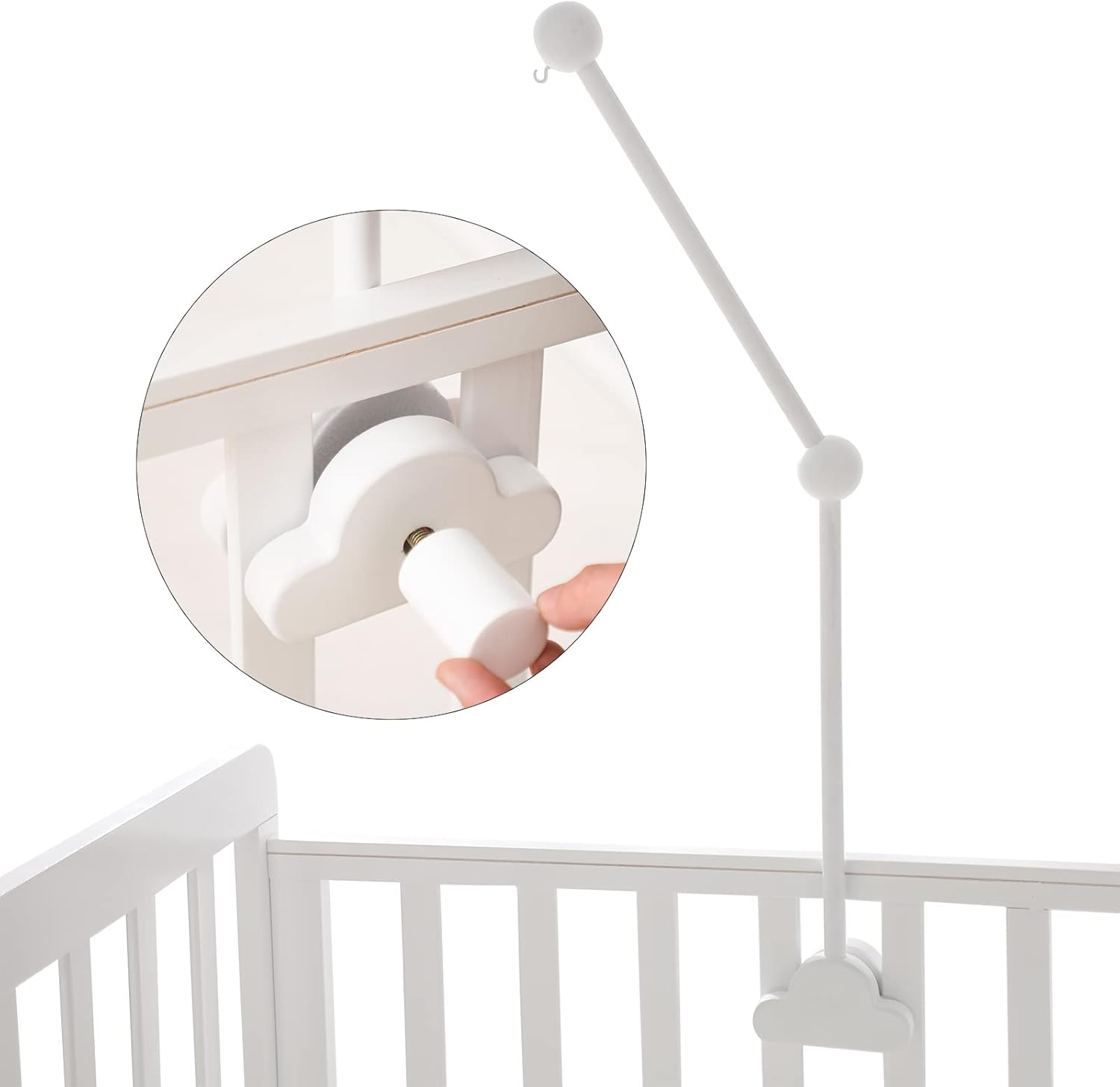 OESSUF Baby Crib Mobile Arm front view attached to a white wooden nursery cot.
