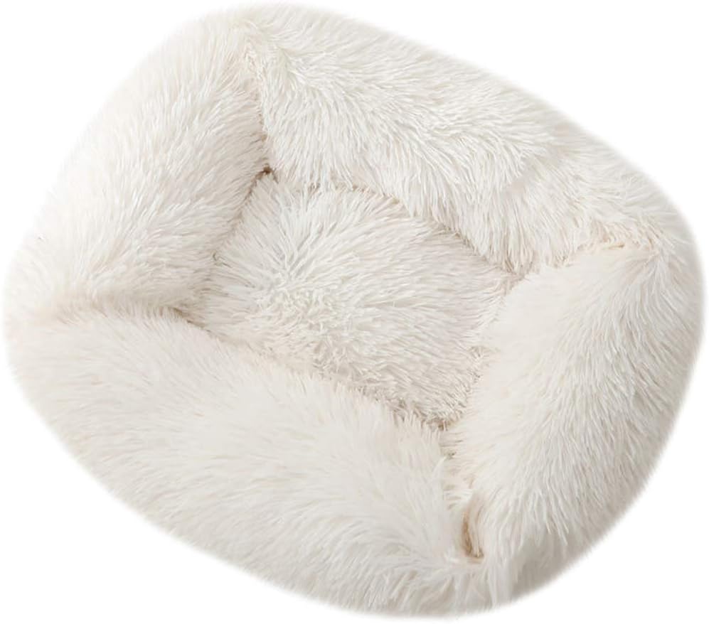 La La Pet donut dog cat bed front view showing white faux fur texture.