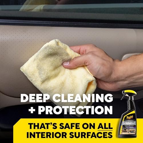 Imported automotive interior cleaner spray bottle detailing safe surface usage.
