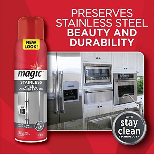 Magic Stainless Steel Polish applied on a clean refrigerator door surface