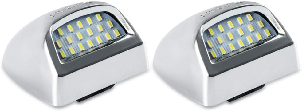 D-Lumina chrome LED license plate lights assembly housing front view showing the dual lamp kit.