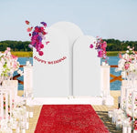 Double sided white arch stand sleeve installed seamlessly for wedding reception background