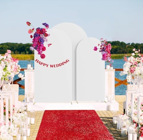 Double sided white arch stand sleeve installed seamlessly for wedding reception background