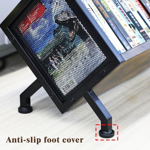 Empty PUTNATRUE open desktop media organizer rack emphasizing the compact size and vintage iron-wood design aesthetics.