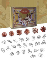 Close up of 3D ancient wooden interlocking puzzle game from the IQ box