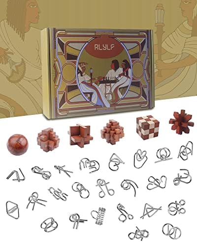 Close up of 3D ancient wooden interlocking puzzle game from the IQ box