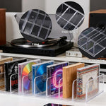 Side view of premium thick acrylic storage stand displaying music albums and movie boxes.