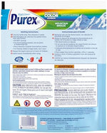 Close up of Purex laundry pods showing the concentrated blue cleaning liquid for stain removal.