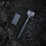 DJI 4K waterproof action camera with three batteries and charging case layout.