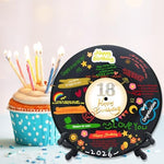 Display stand holding the 18th birthday vinyl record keepsake