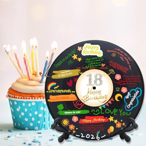 Display stand holding the 18th birthday vinyl record keepsake
