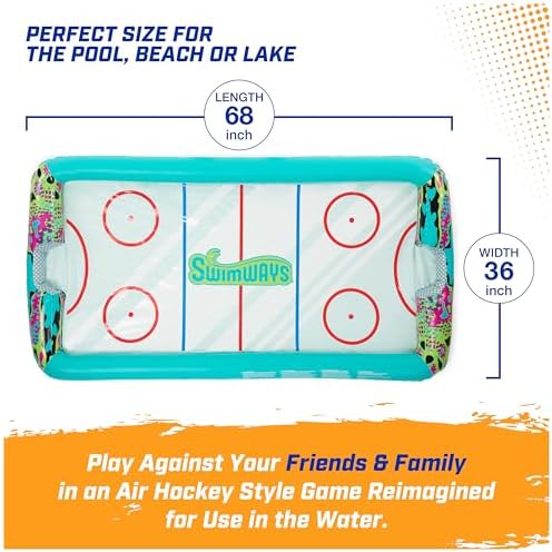 Kids playing with SwimWays Hydro Hockey game inside a backyard swimming pool