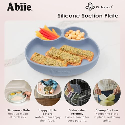 Abiie Octopod Frog Silicone Plates with Suction - Spill Proof, Easy to Clean - BPA-Free Bowl - Suction Plates for Baby and Toddler - Training & Feeding Divided Grip Dish (Sage Green) - Image 5