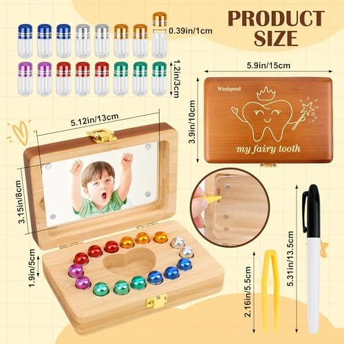 Open wooden tooth saver box showing 16 storage tubes