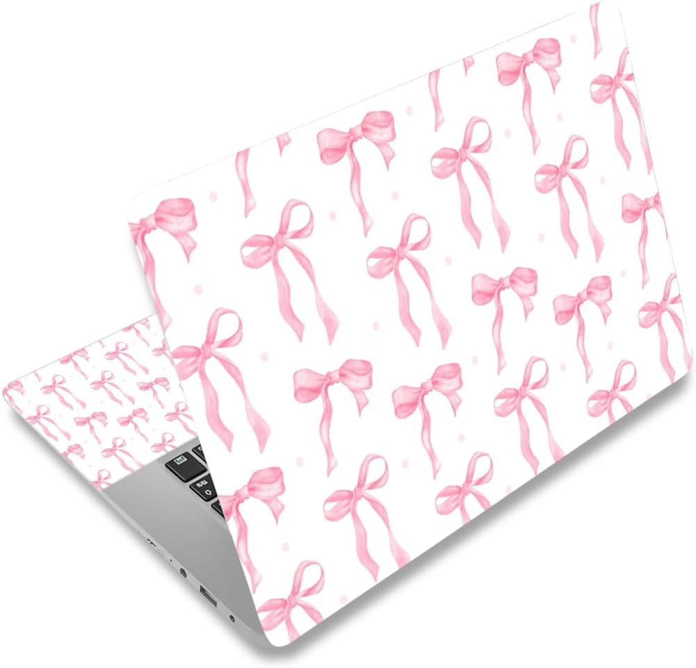 NXZGO pink bow white universal laptop skin sticker front view on a notebook