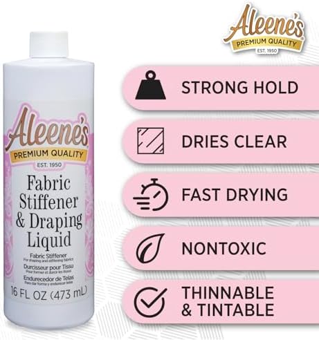 Nontoxic fabric stiffening liquid for shaping lace and ribbons in a clear finish.