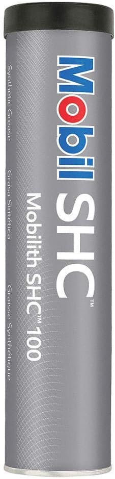 Mobilith Mobil SHC 100 grease cartridge front view industrial lubricant
