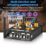 Douk Audio P1 home theater stereo components showing the interchangeable vacuum tube sockets.
