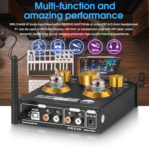 Douk Audio P1 home theater stereo components showing the interchangeable vacuum tube sockets.