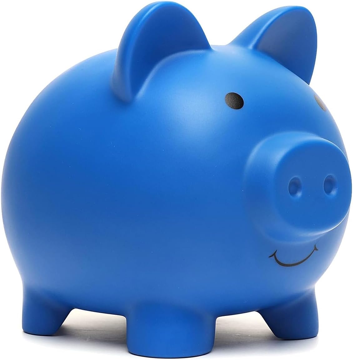 XDRELEC shatterproof plastic piggy bank front view showing cute dark blue smiling face design