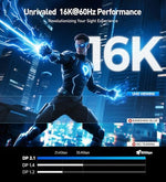 VESA certified 16K DisplayPort wire displayed alongside a gaming setup graphic