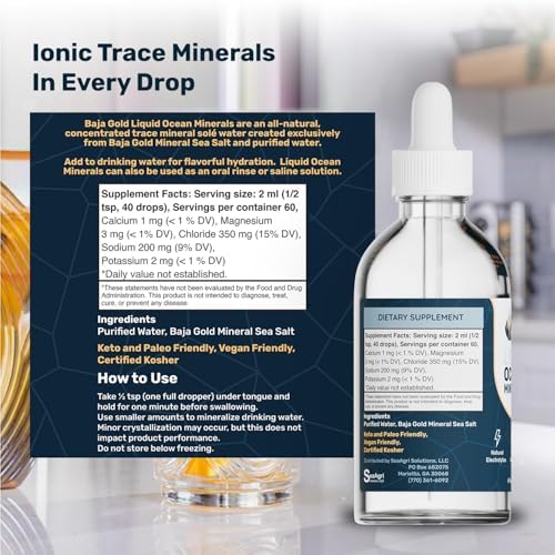 Baja Gold liquid ocean minerals bottle top view emphasizing secure seal import quality