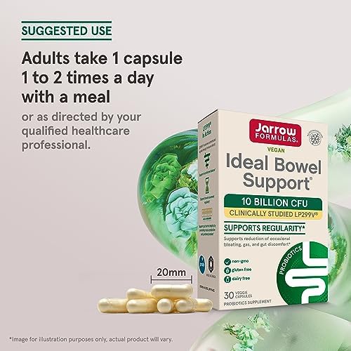 Close up of Jarrow Formulas Ideal Bowel Support capsule bottle designed for reducing digestive discomfort