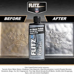 Authentic Flitz liquid polish showing versatile application on chrome and silver