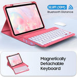 Fintie Bluetooth keyboard case highlighting the seven color customizable backlighting options in a dark room setting