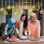 Complete packaging view of the imported AhfuLife golden Ramadan lantern and crescent moon streamer set.