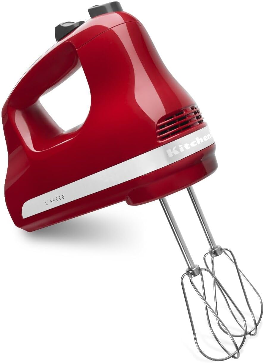 KitchenAid hand mixer front view in Empire Red