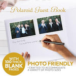 Wedding guests writing in Only Zest memory book with polaroid photos.