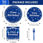 Full view of Tevxj blue and silver disposable party plates and napkins