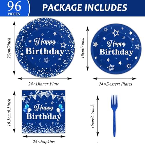 Full view of Tevxj blue and silver disposable party plates and napkins