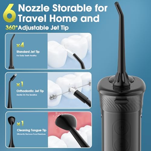 HANGSUN dental irrigator showing six interchangeable nozzle tips and USB-C charging port