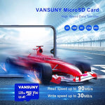 High speed 128GB memory card showing waterproof and shockproof capabilities next to water droplets