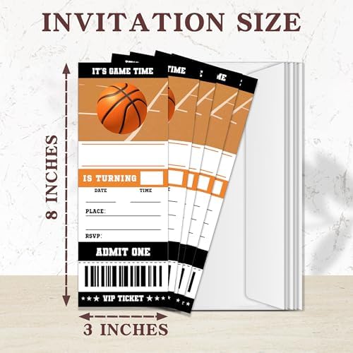 VAHATAN sports party invite cards with matching envelopes laid out on table