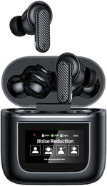 URIZONS ANC Bluetooth earbuds front view with smart touchscreen charging case