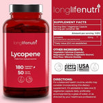 LongLifeNutri Lycopene 50mg supplement facts panel detailing non-GMO ingredients and pure powder antioxidant formula.