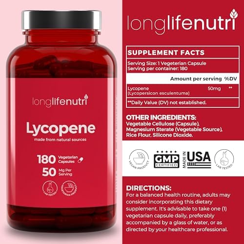 LongLifeNutri Lycopene 50mg supplement facts panel detailing non-GMO ingredients and pure powder antioxidant formula.