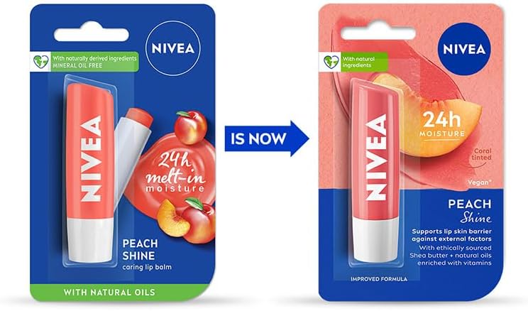 Nivea lip care stick with peach flavor in hand
