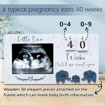 Rustic white pregnancy countdown frame featuring weeks until we meet you message