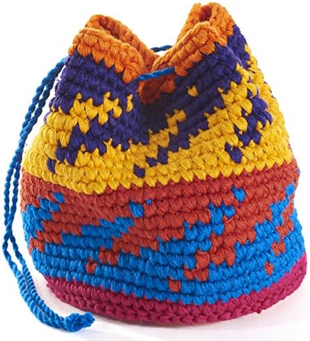 Close-up of the eight unique hand-crocheted miniature footbags displaying their vibrant colors and folk patterns.